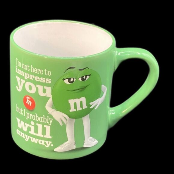 Green Jumbo 18 oz M&M 4" Coffee Mug 2023 "I'm not here to impress you..." - Picture 1 of 4